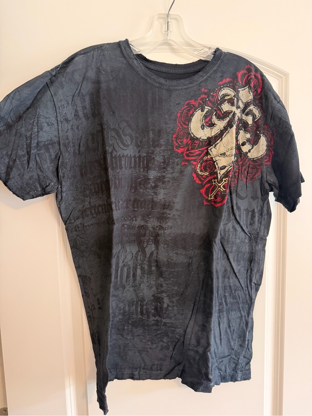 Affliction Black Graphic Short Sleeve Tee with Red Rose and Cream Skull Motif